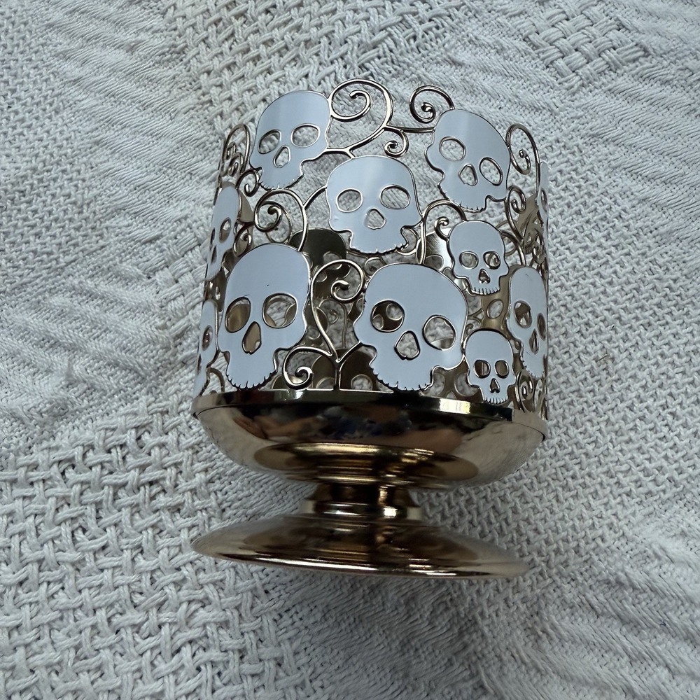 Bath & Body Works Halloween White Skulls Gold 3 Wick Candle Holder Sleeve Skulls - Picture 2 of 4